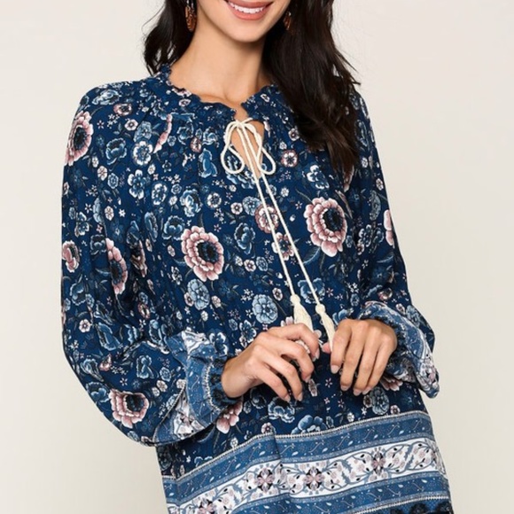 GiGiO Tops - Blue Boho Floral Print Puff Sleeve Peasant Blouse